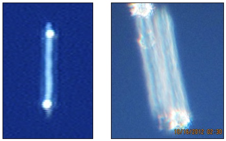 Left: Translucent unidentified aerial object videotaped on October 18, 2012, between 3:15 PM to about 5 PM Eastern time high in the sky above Gardiner, New York. Video frame © 2012 by commercial pilot and aerial photographer Bill Richards. Right: Translucent unidentified aerial object videotaped two days before on October 16, 2012, between 2:00 and 4:30 PM at an altitude estimated at 50,000 feet or higher seen by residents in West Virginia, Kentucky and northern Tennessee on October 18, 2012. Telescope image © 2012 by Virgie, Kentucky amateur astronomer Allen Epling. Bill Richards and Allen Epling both said the objects remained “in the sky not moving” for about two hours in New York and 2.5 hours in Kentucky.